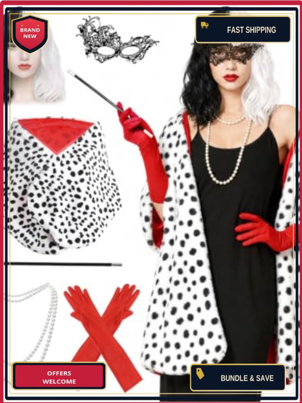 6 Pack Dalmatian Costume Set Wool Blend Shawl Wig Gloves Adults Halloween